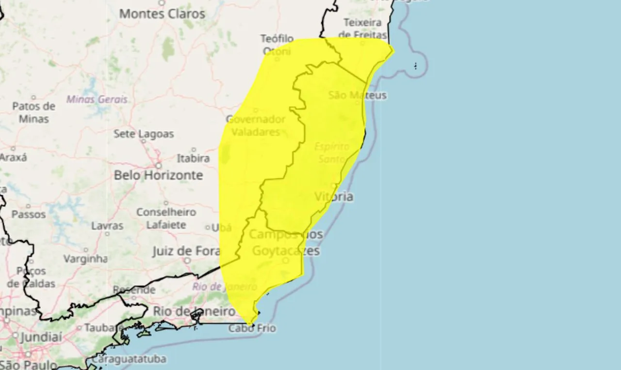 o mapa mostra as &aacute;reas em alerta para chuva intensa
